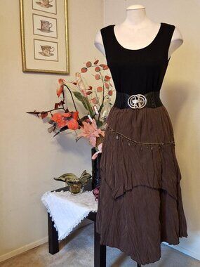 New Unique Design High Quality Vintage Style Brown Tiered Lined Midi Skirt 12